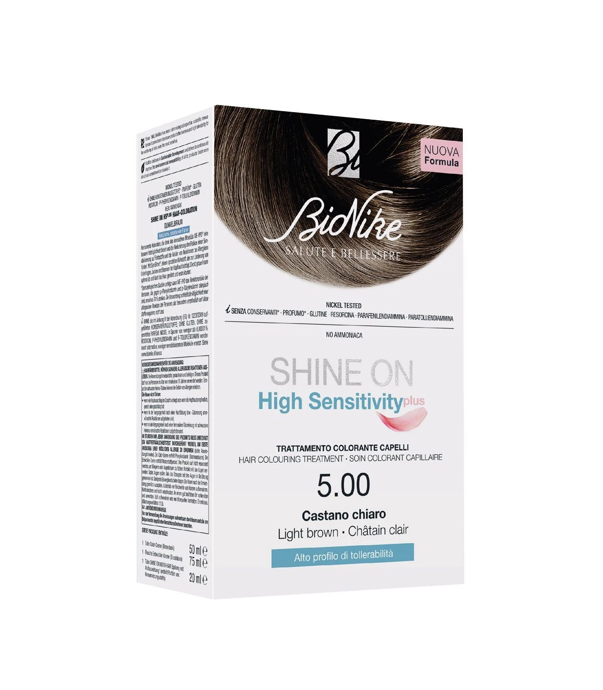 BIONIKE SHINE ON HIGH SENSITIVITY PLUS TRATTAMENTO COLORANTE CAPELLI 5.00 CASTANO CHIARO 1 BIONIKE SHINE ON HIGH SENSITIVITY PLUS TRATTAMENTO COLORANTE CAPELLI 5.00 CASTANO CHIARO